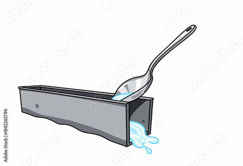 Illustration of a Spoon Pouring Liquid into a Rectangular Mold with Overflowing Edge