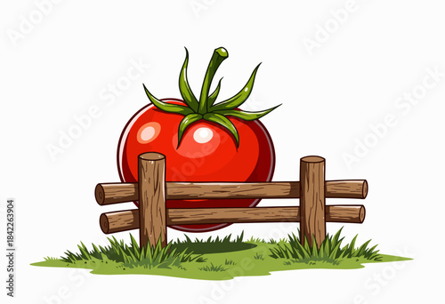 Giant Tomato Illustration Behind a Wooden Fence Surrounded by Lush Green Grass Under a Clear Sky