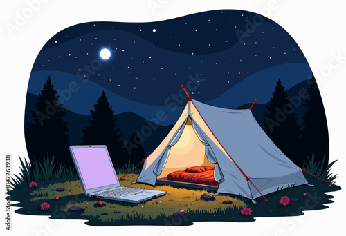 Serene Night Camping Scene with Illuminated Tent in Starry Mountain Landscape and Open Laptop Enhancing Digital-Nature Experience Under Full Moon Sky