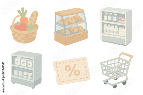Set of six different grocery store icons, including a basket of vegetables