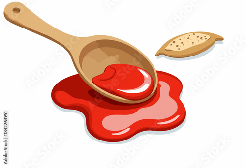Wooden Spoon with Tomato Sauce Spill and Seed, Illustrating Kitchen Culinary Theme and Cooking Essentials