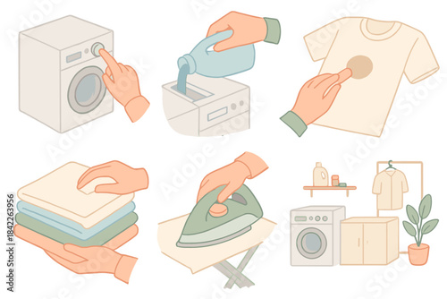 Series of images depicting the process of doing laundry