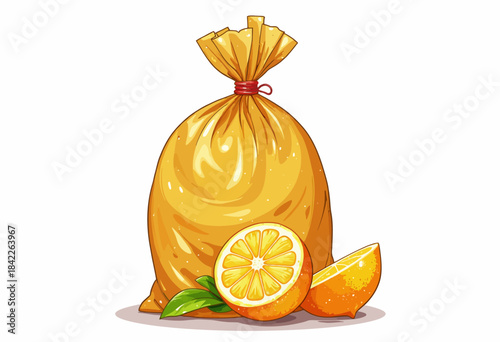 Vibrant Orange Sack with Fresh Oranges and Leaves Illustrating the Essence of Tropical Citrus Fruit and Natural Abundance