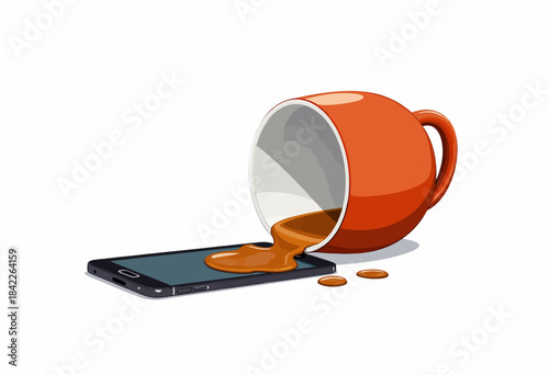 Illustration of a spilt coffee cup with liquid spilling over a smartphone, highlighting potential everyday mishaps with technology and beverages on a white background.