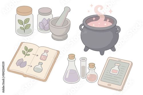 Collection of items including a book, a tablet, a cauldron, and a mortar