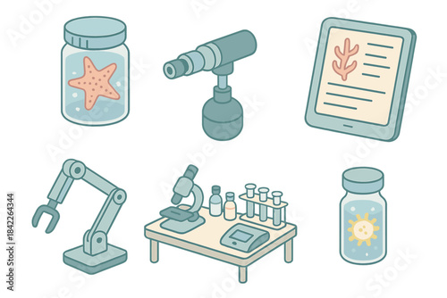 Set of six images of scientific equipment and lab items