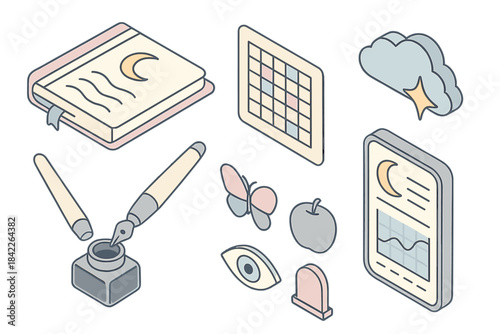 Set of images that include a pen, a book, a tablet, a clock, a butterfly