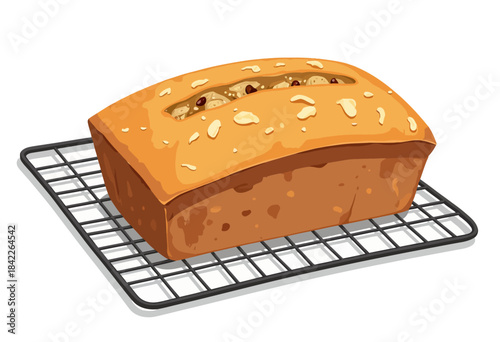 A freshly baked golden brown loaf of bread cooling on a metal wire rack, topped with a scattering of assorted seeds and grains for added flavor and texture