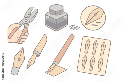 Set of pens and a bottle of ink