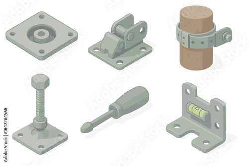 Set of six different types of hardware, including nuts, bolts, and screws
