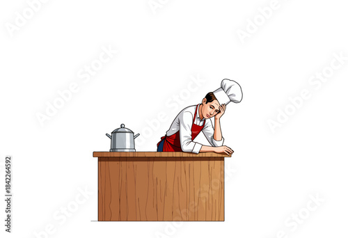 Illustration of a Pensive Chef Leaning on a Wooden Counter with a Cooking Pot and Wearing a Red Apron and Classic White Chef's Hat