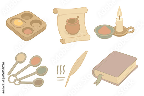Set of six icons, including a book, a candle, a bowl, a spoon, a measuring cup