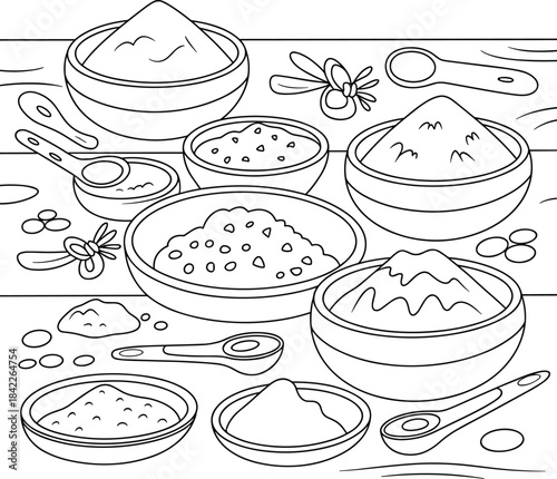 Assorted bowls of spices and seasonings with spoons and flies