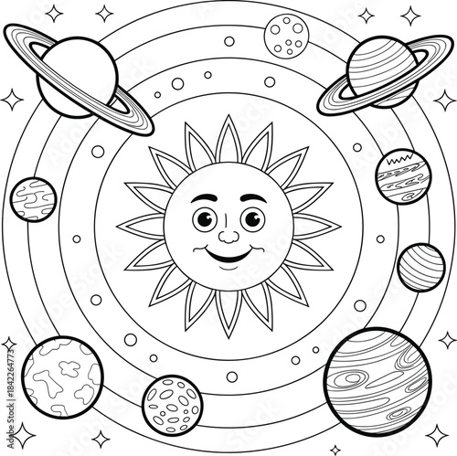 Cartoon solar system with smiling sun and planets in black and white