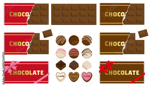 バレンタインに使えるチョコレートのイラストレーションセット。ギフト包装された板チョコ。白背景にベクターイラスト。