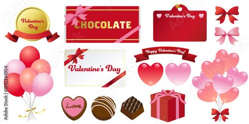 バレンタインのイラストレーションセット。ハート、チョコレート、風船、リボンなど。白背景にベクターイラスト。