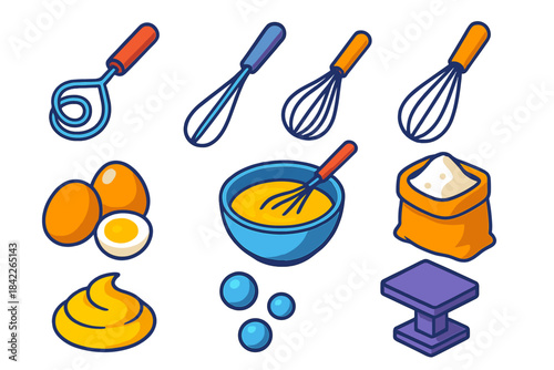 Set of kitchen utensils including a whisk, a spatula, and a bowl