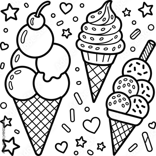 Ice cream cones with sprinkles and cherries in black and white