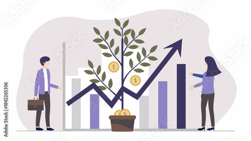 Illustration of business growth with people, bar graph and a money tree showing financial success