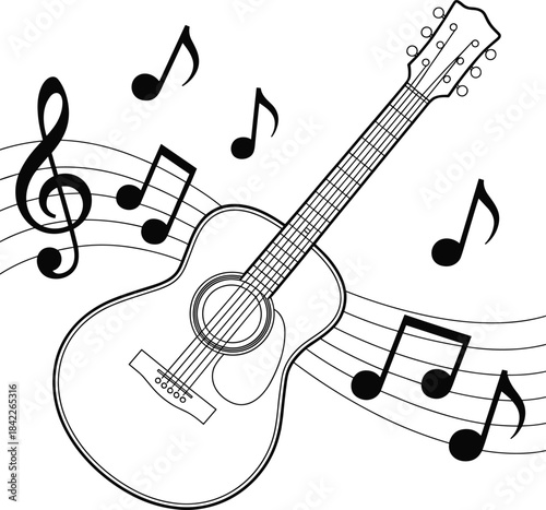 Black and white guitar and musical notes treble clef