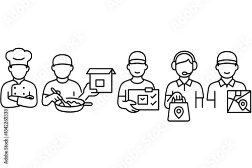 Series of people in different professions, including a chef, a delivery person