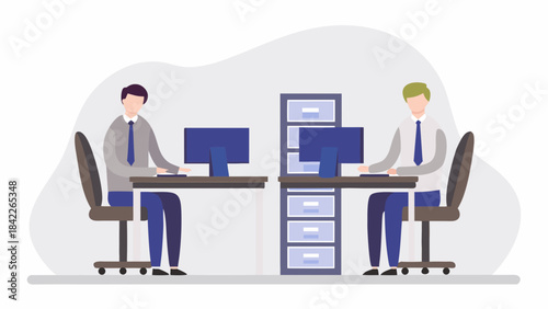 Illustration of two people working at desks with computers in an office setting with filing cabinet