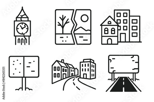 Series of images of city scenes with a clock in the middle