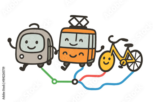 Cartoon drawing of a train, a bicycle, and a bus