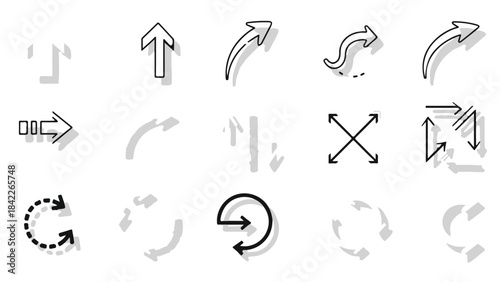 Set of Modern Line Style Arrow Icons with Shadows. Navigation and Direction Vector Collection. isolated PNG with Transparent Background