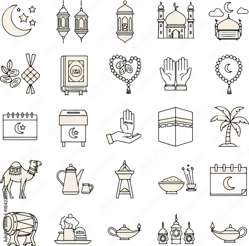 Naklejka premium A collection of 25 line-drawn icons depicting various Ramadan symbols and objects on a white background with a minimalist style.