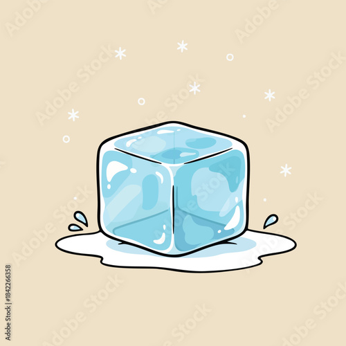 Cute cartoon ice cube melting on the ground with water drops and soft snowflakes around it. Simple and clean winter illustration perfect for kids designs, icons, stickers, education, and seasonal grap