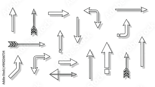 Trendy Line Style Arrow Icons Collection with Drop Shadow Effect. Modern Vector Illustration. isolated PNG with Transparent Background