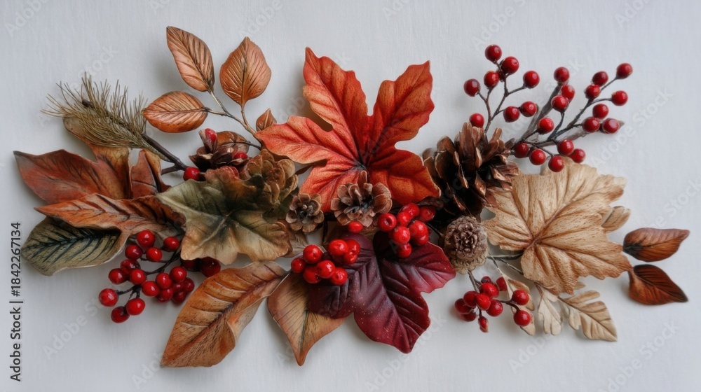 Fototapeta premium Artistic arrangement of dried leaves in reds, browns, yellows,