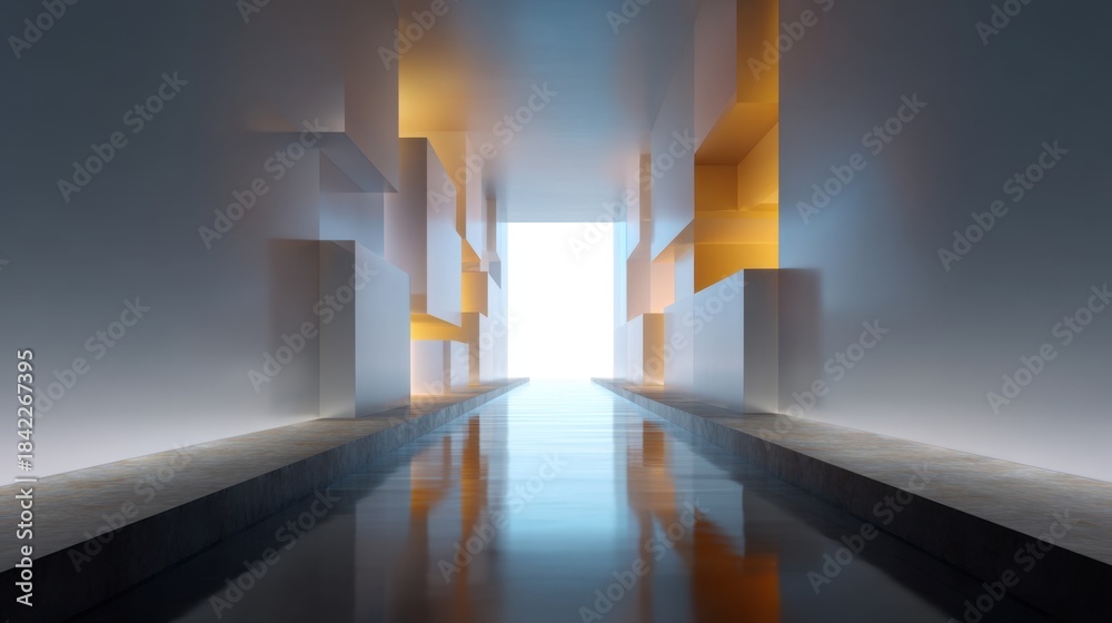 Obraz premium Modern Abstract Space with Geometric Shapes and Reflective Water Creating an Ethereal Atmosphere in a Brightly Lit Environment