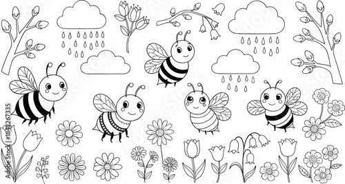 Cute cartoon bees and spring flowers with rain clouds and branches