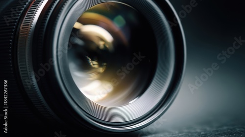 Close-up of a camera lens with glass elements,