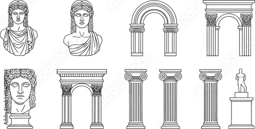 Greek roman architectural elements and sculptures in outline style