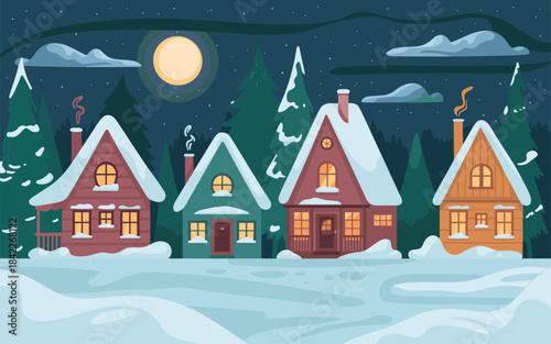 Cozy winter village with snow-covered houses under a full moon