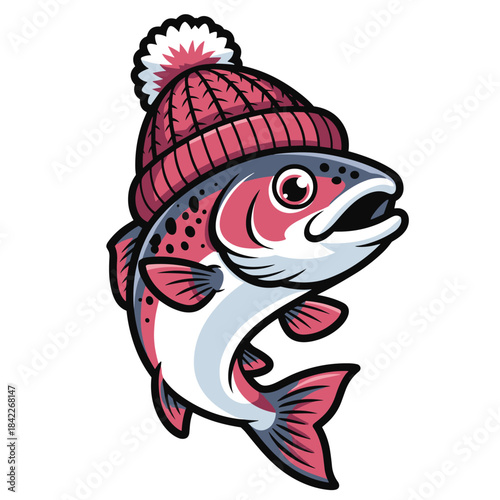 Pink Fish Wearing Red Knit Hat With White Pom