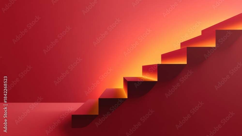 Fototapeta premium Abstract composition of a modern staircase against a warm gradient background that transitions from red to orange, evoking a sense of depth and perspective