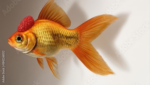 Surreal portrait of an orange fantail goldfish wearing a raspberry hat.