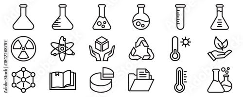 Laboratory icon set. Containing experiment, test tube, microscope, flask, chemical, biology, research, lab and more. Solid vector icons collection.