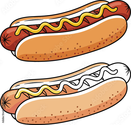 Two cartoon hot dogs with mustard and one with outline for coloring