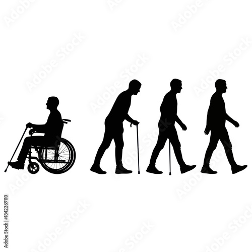 Silhouette of a persons life stages from wheelchair to walking.