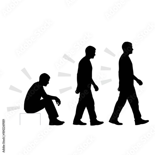 Silhouette of a man progressing through stages of life and posture.