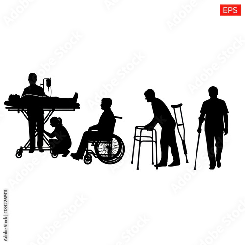 Silhouettes of people receiving medical care and assistance.