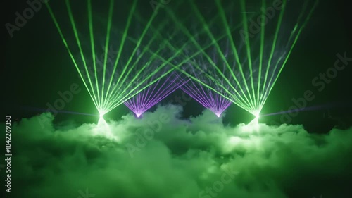 Laser Show With Green and Purple Lights Over Fog, Slow Motion
