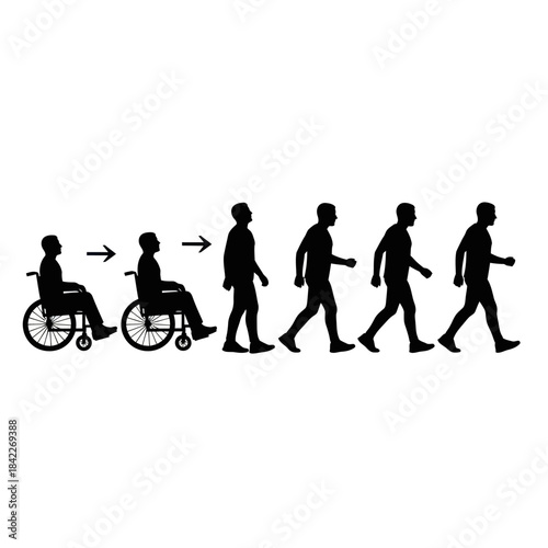 Rehabilitation Process from Wheelchair to Walking Silhouette.