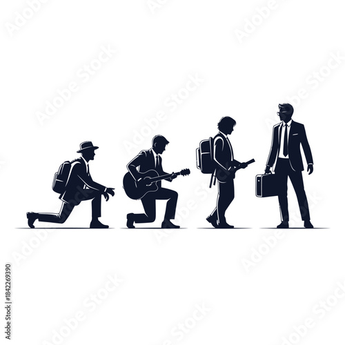 Evolution of a businessman from humble beginnings to success.