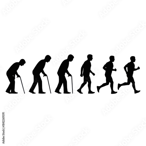 Human Evolution Stages From Old Age To Running Fitness Silhouette.
